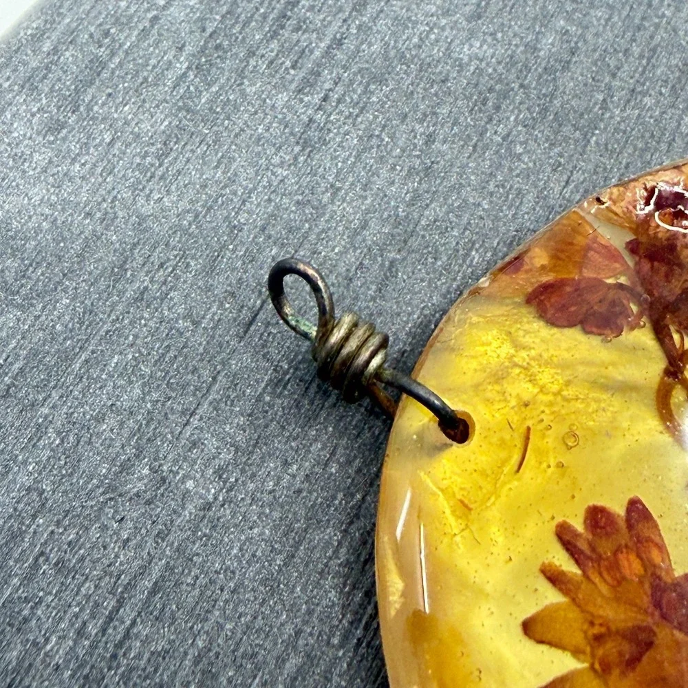 Dried Flower Resin Pendant Amber & Bronze Tone Yellow Cottagecore Boho Jewelry